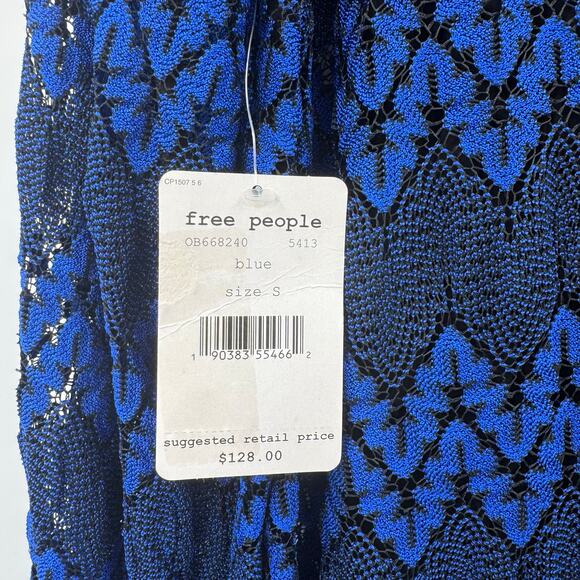 Free People NWT Simone Blue & Black Lace Long Flounce Sleeve Mini Dress - Picture 14 of 16